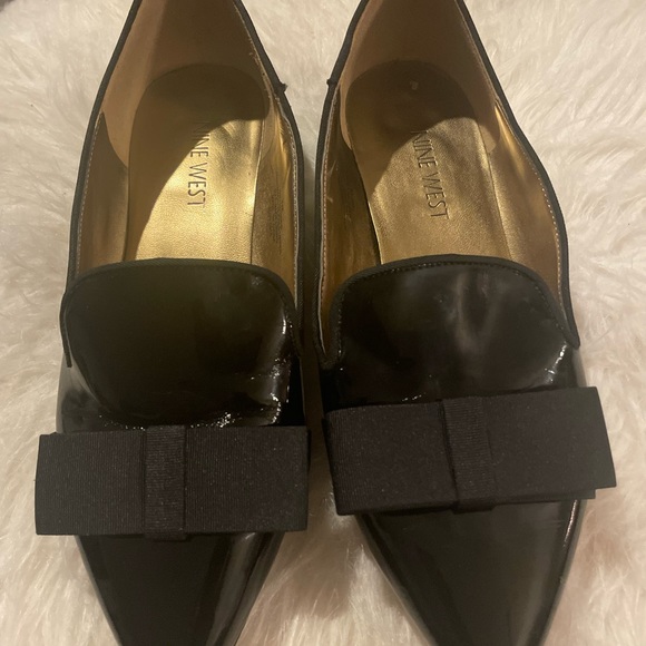 Nine West Black Patent Pointed Bow Toe Flats 7 - Picture 2 of 7